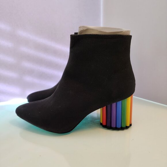 Brand new! Y.R.U. Rainbow Heel Black Suede Bootie - Picture 3 of 6